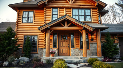 Obraz premium Magnificent Log House Exterior: A Rustic Retreat in the Fall. Discover the charm of this stunning timber home nestled in nature, showcasing exquisite architectural details and landscaping.