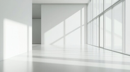 Fototapeta premium Minimalist office interior with large windows and soft shadows. bright space features clean lines and serene atmosphere, perfect for productivity and focus