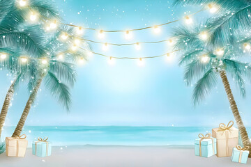 Tropical Beach Christmas Scene Shows Gifts Under Palm Trees with String Lights Beautifully