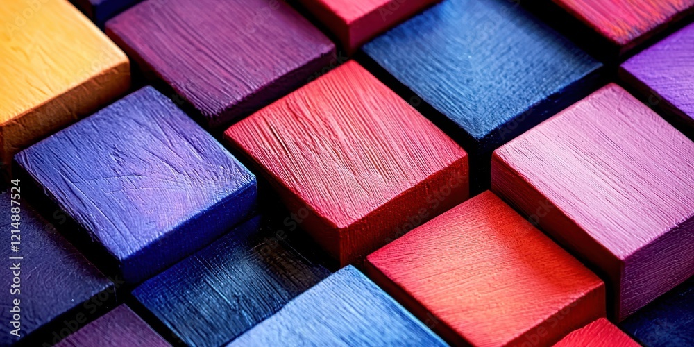 Poster close up of a colorful wooden block with a red square in the middle