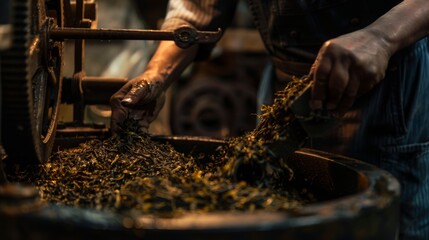Worker feeding tea leaves into traditional handcraft machine promoting artisanal production and tea heritage branding
