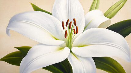 close up of blooming white lily showcasing delicate petals and vibrant green leaves, evoking sense of tranquility and beauty
