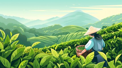 Fototapeta premium Illustration of tea farmer on green plantation with mountains promoting sustainable agriculture and tea farming concepts 