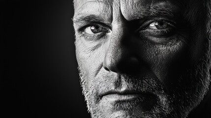 Obraz premium Intense Monochrome Portraiture: Man's Piercing Gaze in Cinematic Half-Shadow