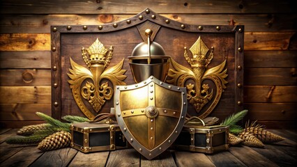 Fototapeta premium A golden shield with a laurel wreath adorns a medieval-style armor chest, surrounded by other shields and military equipment, medieval, ceremonial object