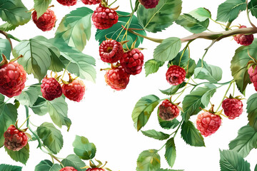 Ripe Raspberries and Lush Green Leaves Create a Vibrant Botanical Illustration