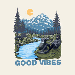 Skull sitting relaxing on the river bank on the mountain slope