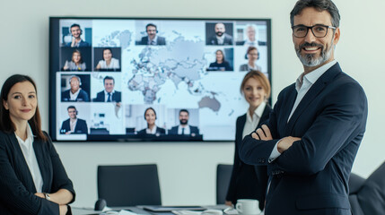 remote business meeting with professional team screen display