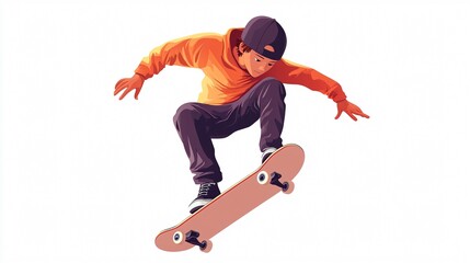 Young Street Boy Skateboarding on Transparent Background