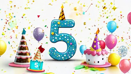 Colorful a fifth birthday wallpaper, featuring the number five, balloons, confetti, and party hats.