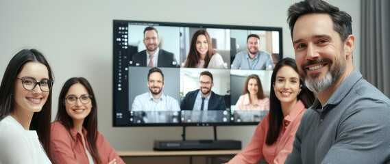 Video call remote team meeting with virtual screen sharing