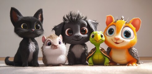 Adorable Cartoon Animals Posing Together in a Bright Room, Including a Black Cat, Playful Hedgehog, Cute Turtle, and Cheerful Owl with Big Eyes