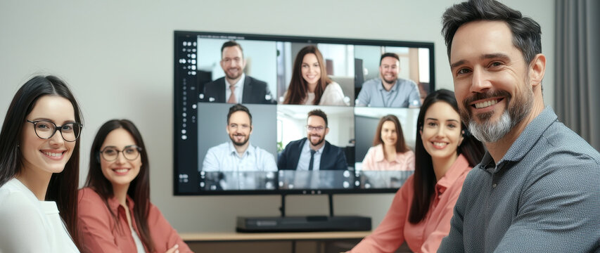 Video call remote team meeting with virtual screen sharing