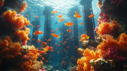 Underwater view of a rig platform in the Gulf showcasing vibrant corals and marine life with schools of fish swimming around structural pillars