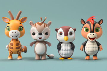 Obraz premium Giraffe, honey badger, penguin, and zebra posing against a blue backdrop