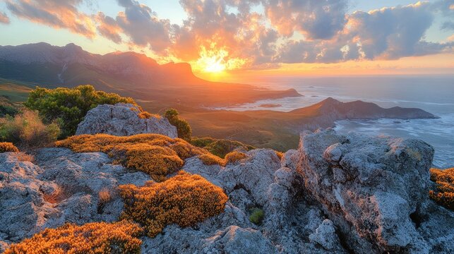Stunning sunset over coastal mountains with rocky foreground and golden hues