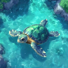 Fototapeta premium Sea Turtle Swimming Calm River Rocks Plants Game