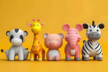 Naklejka premium Zebra, giraffe, monkey, bear, and elephant posing against a yellow backdrop
