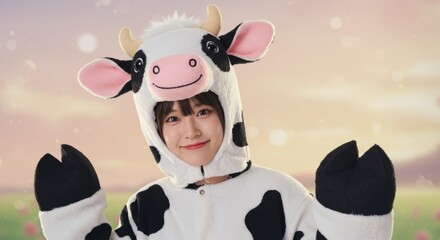 Naklejka premium Dressed up in a Cattle Cow Animal Costume, Furry Hurns Mammal Suit, Halloween Apparel XL Format Illustration