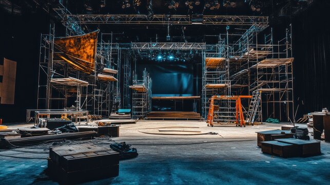 Empty theater stage under construction, with scaffolding and equipment scattered around.