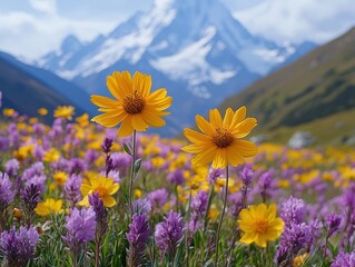 Obraz premium A Vibrant Meadow of Yellow and Purple Flowers Set Against Majestic Snowy Mountain Peaks