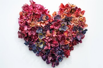 Fototapeta premium Floral Heart Shape Made of Dried Petals and Potpourri on White Background for Love Romance and Valentines Day