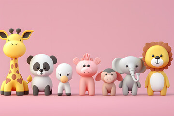 Naklejka premium Row of adorable 3d cartoon animals stands against a pink backdrop