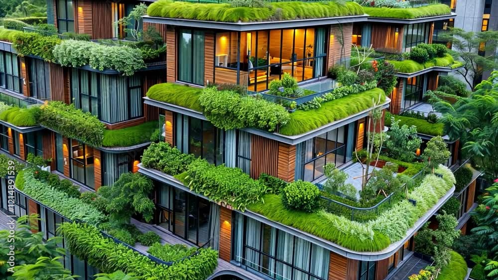 Poster this eco house showcases a modern architectural design with multiple levels covered in vibrant green