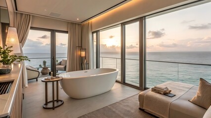Fototapeta premium Luxury Ocean View Bathroom Suite Sunrise Relaxation Tranquility