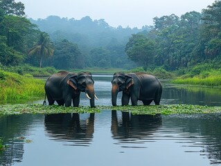 Two majestic elephants standing in a tranquil lake surrounded by lush greenery and a misty mountain background © uswatun