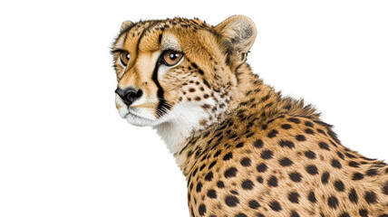 Close up of a leopard on white background showing detailed fur and spots with sharp eyes