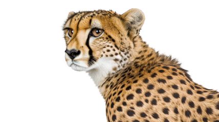 Close up of a leopard on white background showing detailed fur and spots with sharp eyes