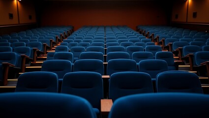 Fototapeta premium Empty theater seating with blue chairs and orange wall creates anticipation of show