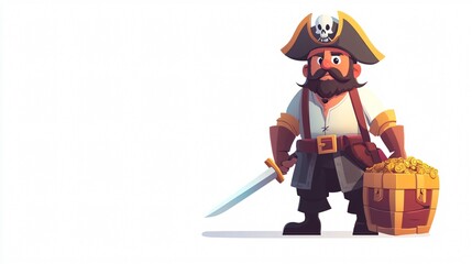 Adventurous Pirate Captain Poses with Sword and Treasure Chest