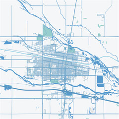 Map of North Platte in Nebraska in a professional blue style. Contains layered vector with roads water, parks, etc.