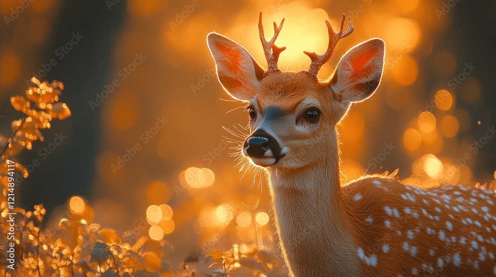 Wall mural a deer in golden hour light with bokeh background in a forest setting
