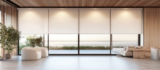 Modern interior design featuring large roller blinds.