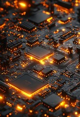 Obraz premium Abstract close-up of illuminated electronic circuit with glowing components and connections