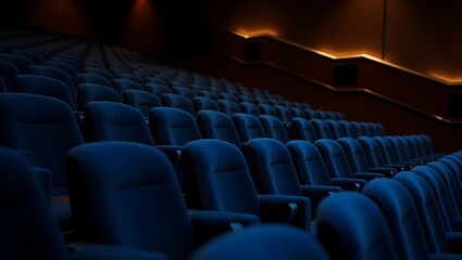 Obraz premium Rows of blue velvet seats in a dark theater illuminated by soft gold lights