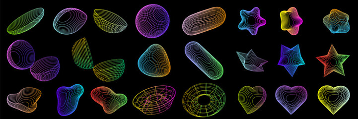 Brutalist geometric shapes and neon modern symbols with a groovy checkered pattern and a distorted tiled grid. Features simple forms and elements in a retro, trendy, minimalist Y2K style. Vector illus