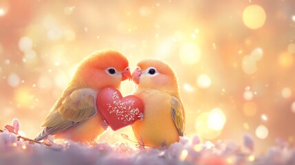 Two Lovebirds sharing a heart on a dreamy bokeh background