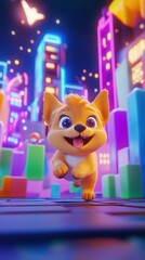 Energetic 3D Clay Puppy Leaps from Transparent Display: Dynamic Abstract Marketing Visual with Neon Glow. Futuristic Business Concept Blends Rising Bar Graphs, Metaverse Elements, and Cosmic Backdrop 