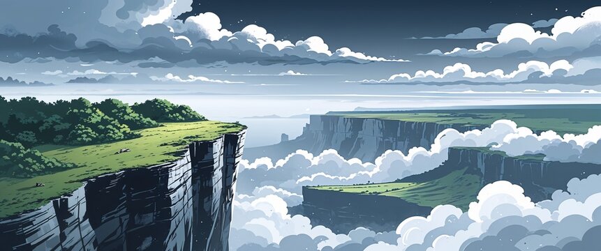 Cliff top with a light drizzle and gray rolling clouds illustration background design