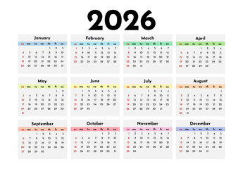 Calendar for 2026 isolated on a white background