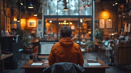 Obraz premium Man works on computer in trendy office, city view