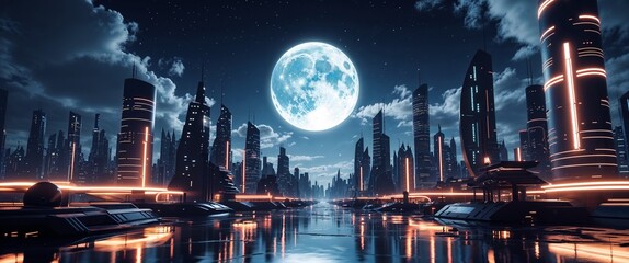 Fototapeta premium Dark futuristic city with flickering neon lights and a bright white full moon above illustration background design