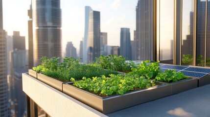 Fototapeta premium Rooftop garden with solar panels on high rise building, showcasing vibrant greenery and urban skyline. perfect blend of nature and modern architecture