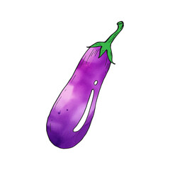Purple eggplant vegetable watercolor vector cartoon with a black outline.