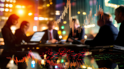 diverse group of investors discussing strategies around table with stock market graphs