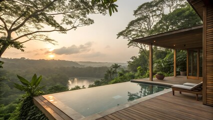 Fototapeta premium Luxury Sunrise Pool Villa Tropical Landscape Infinity Pool Tranquil Getaway